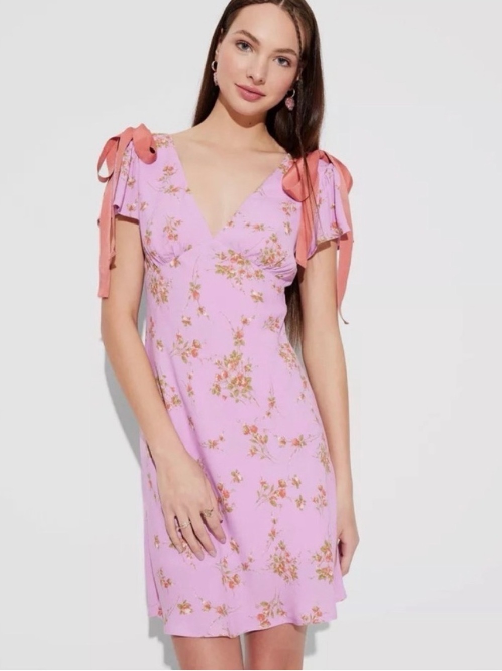 Wild Fable Pink Floral V-Neck Tie-Shoulder Dress